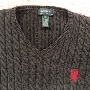 Lauren Ralph Lauren cable knit v-neck sweater in green, 100% cotton, Size Medium